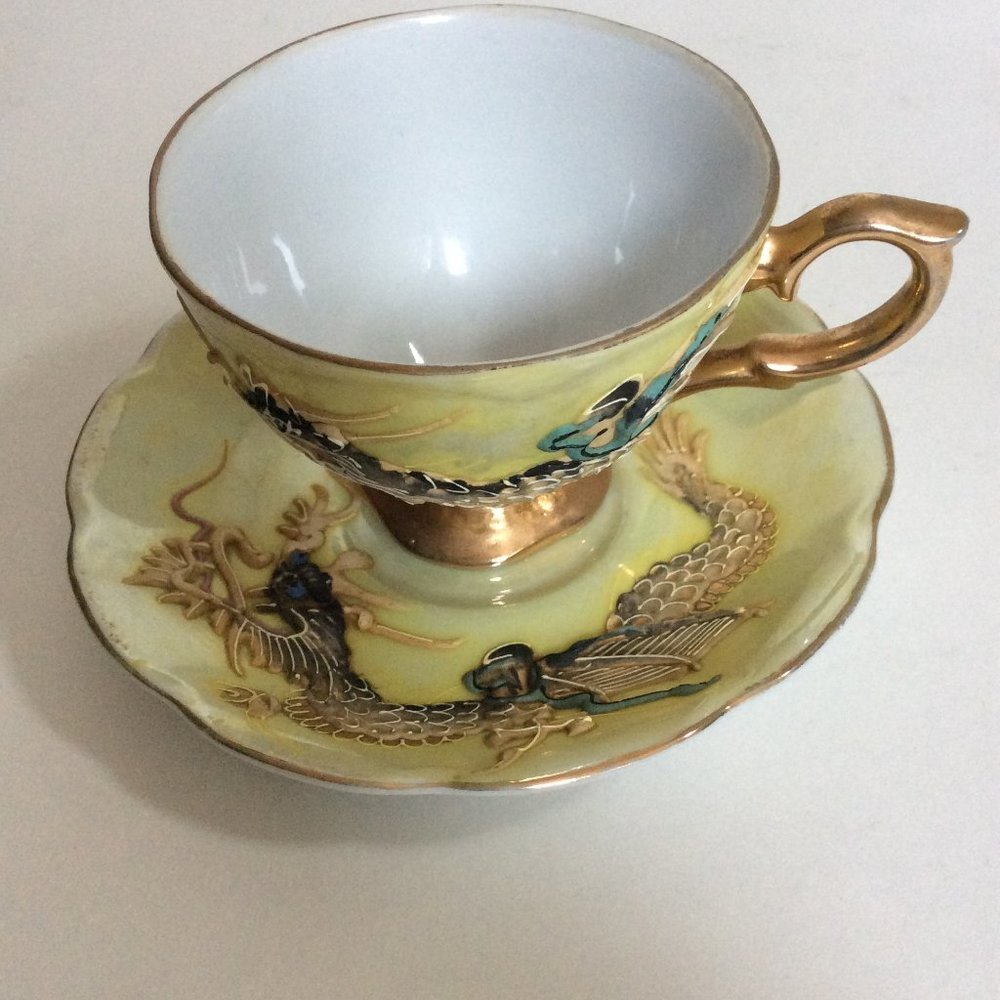 Vintage Shaff handpainted raised dragon saucer and cup gold gild handle Japanese